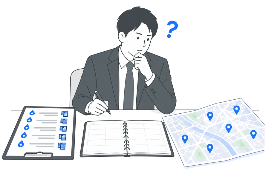 異動してきた営業が、引き継ぎ表と地図を前に考えている様子のイラスト