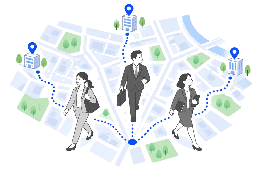 同じエリアを担当する3人が、それぞれ別の方向へ出かけていく様子のイラスト