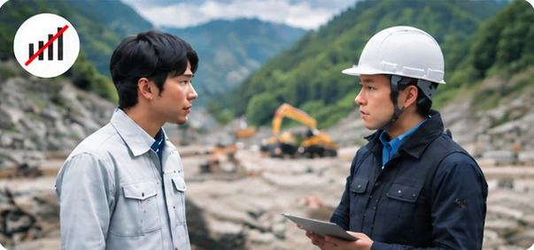 山あいの造成現場で、営業担当者が作業者と打ち合わせしている様子