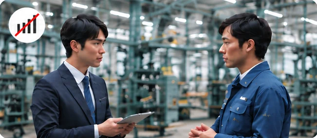 工場の中で、営業担当者が担当者と立ち話をしている様子