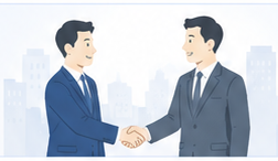 銀行の担当者とUPWARDの担当者が握手しているイラスト