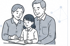孫の勉強を見守る祖父母のイラスト