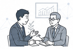 経営者と後継者候補が事業の将来について話し合っている様子のイラスト