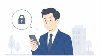 外出先でスマートフォンを操作しながら情報の取り扱いに慎重になる行員のイラスト