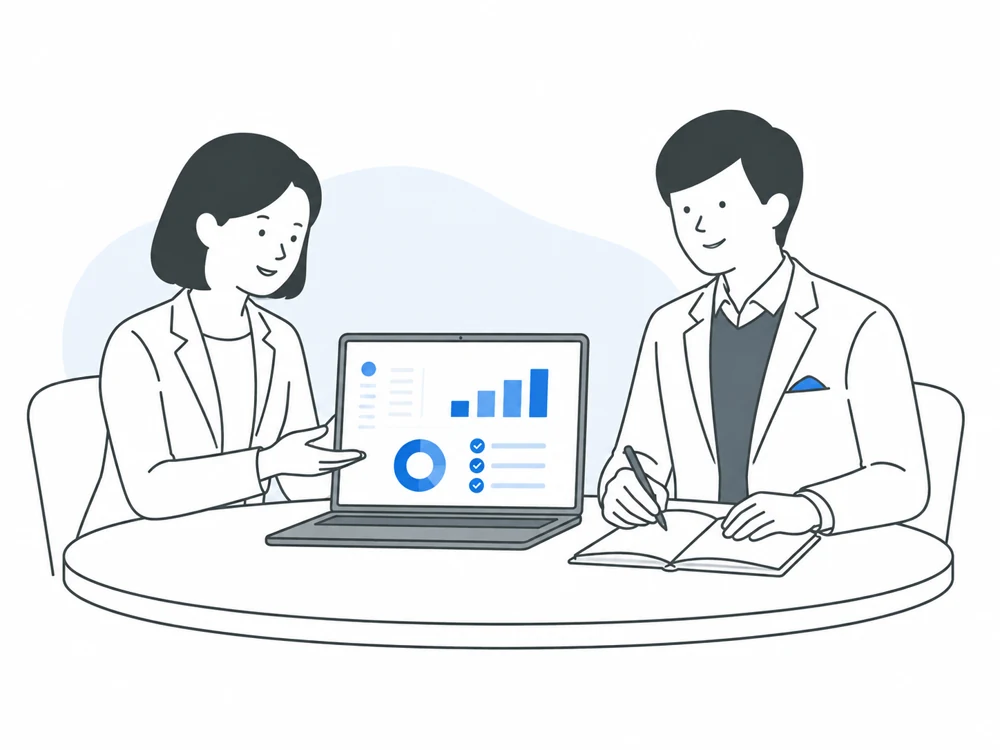 An illustration showing a representative and a dedicated customer success specialist reviewing a dashboard displayed on a laptop during a meeting