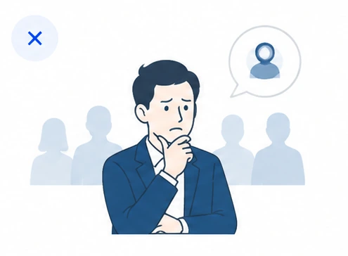 An illustration showing a single employee deep in thought, with other company members standing vaguely in the background. It depicts a situation where the burden of the front-line work falls solely on that individual.