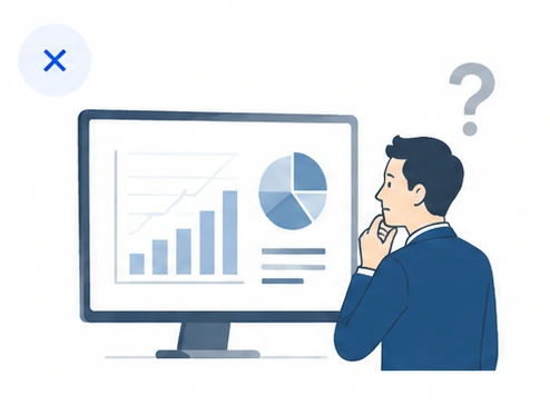An illustration of a staff member sitting in front of a monitor displaying a series of graphs, looking pensive with a question mark floating above their head. This depicts a situation where the responsibility for configuration and improvements is concentrated on a single person.