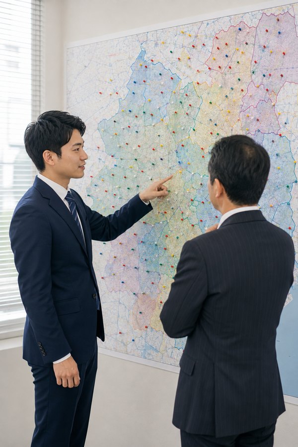 会議室の壁の大きな地図を指さして同僚と話す営業担当者