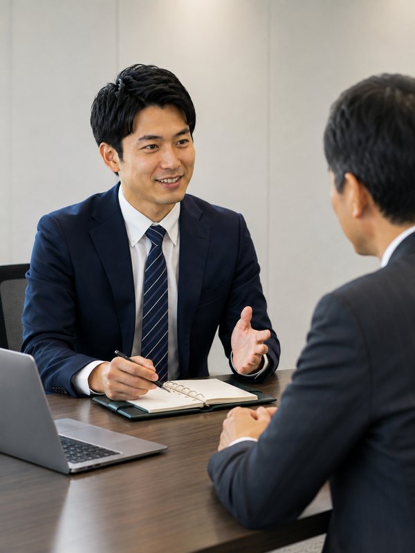 オフィスで顧客と商談する営業担当者