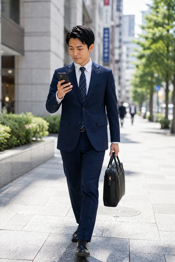 街中でスマートフォンを見ながら歩く営業担当者