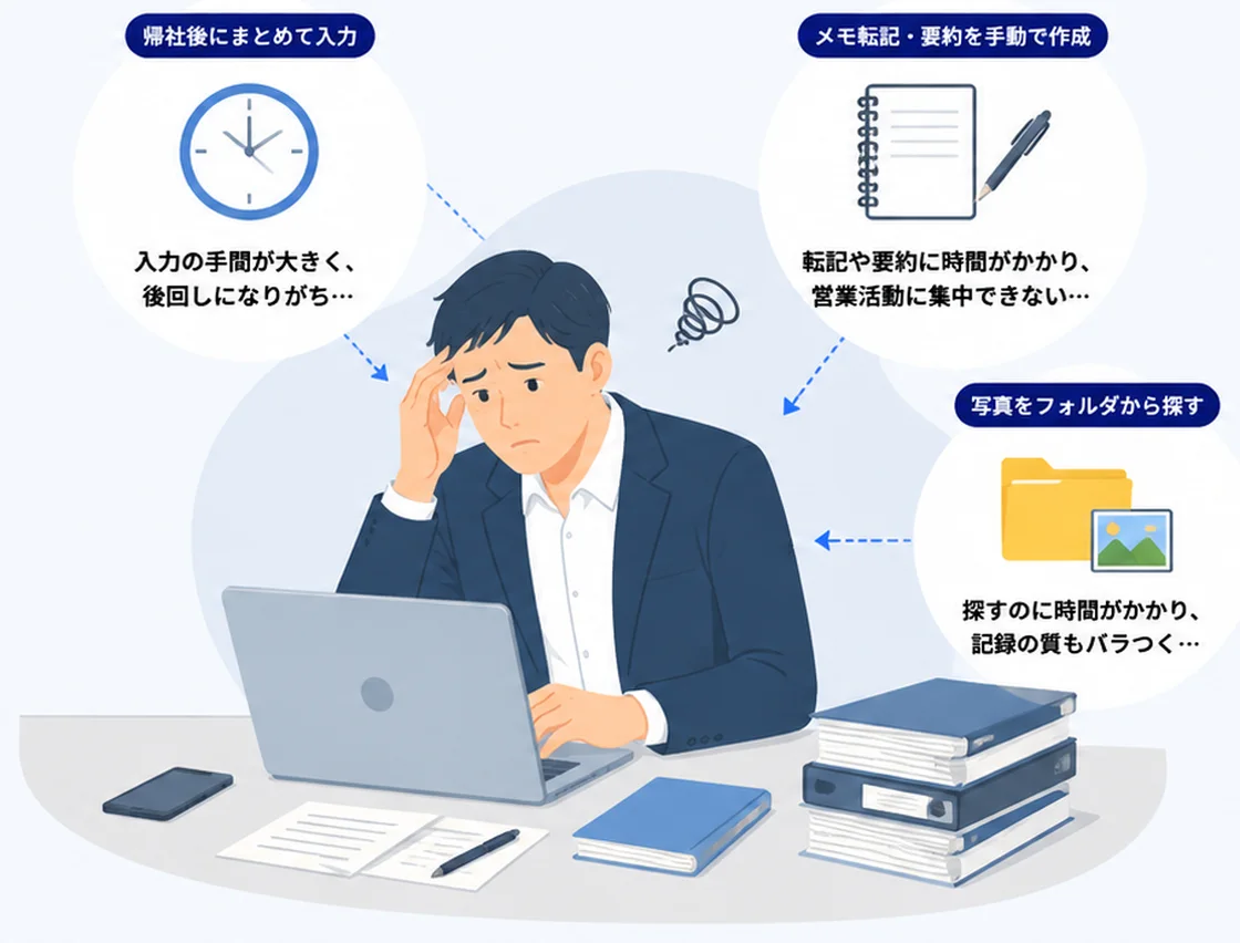 帰社後の入力、メモの転記、写真探しに時間を取られる営業担当者のイラスト